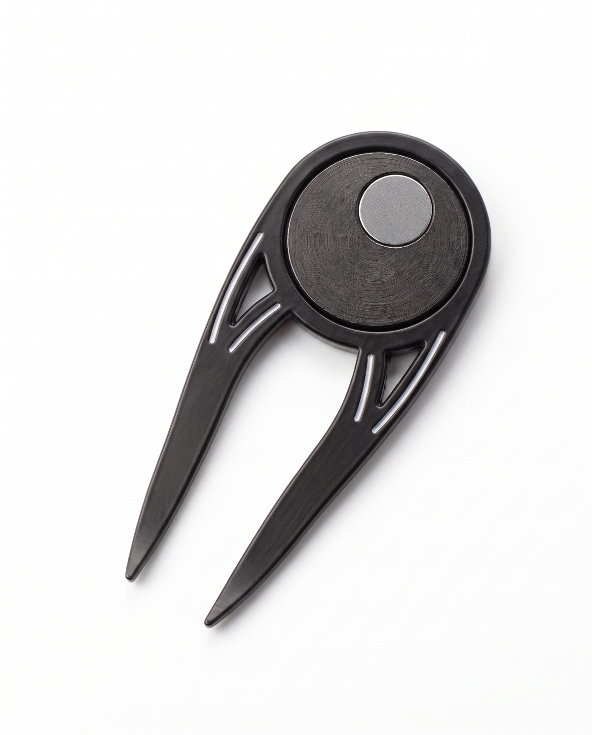 Black metal golf divot tool with magnetic ball marker