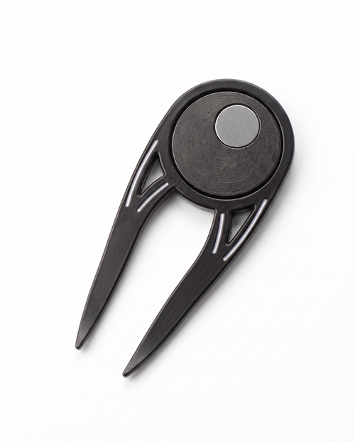 Black metal golf divot tool with magnetic ball marker